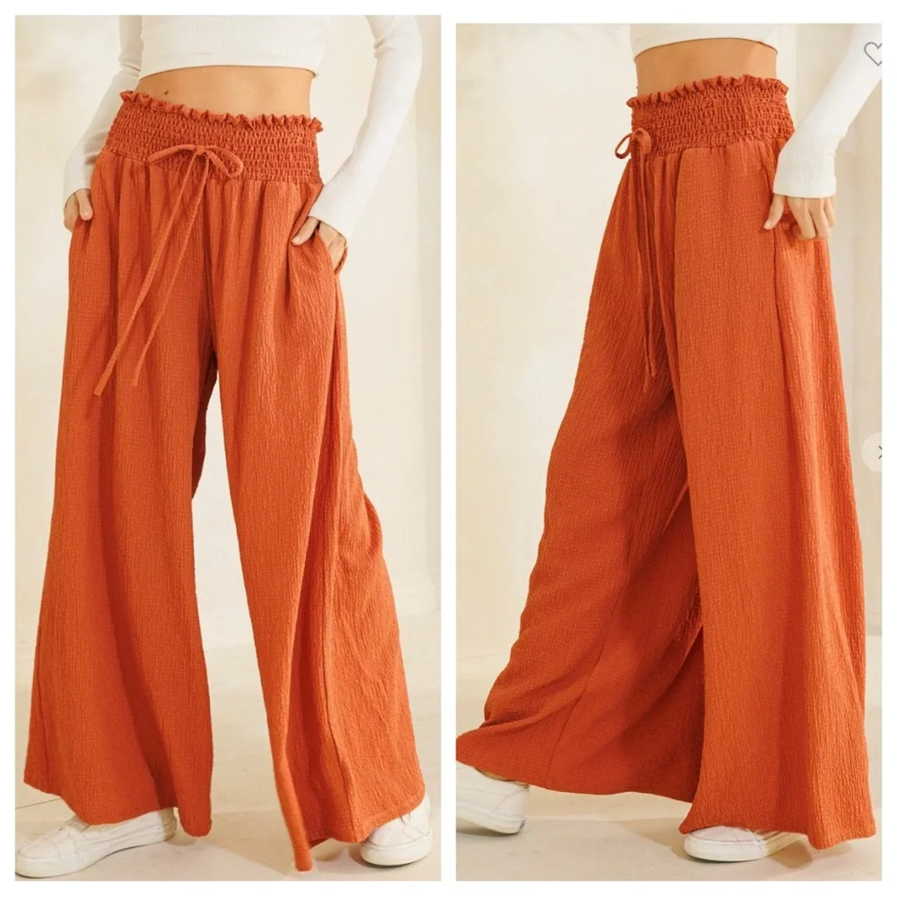 12 Boho Smocked Waist Wide Leg Pants - Picture 2 of 3